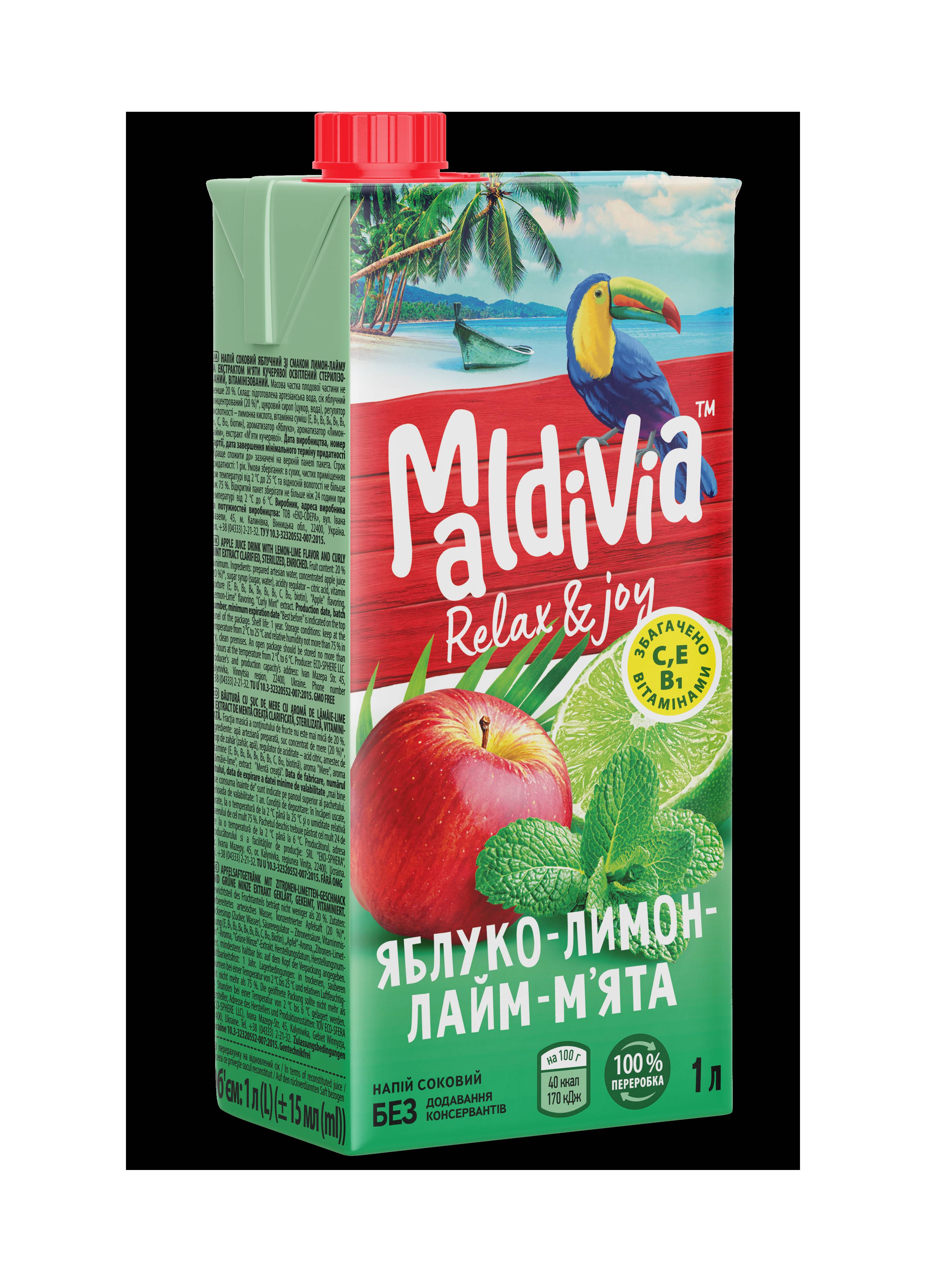 Напій соковий яблучний зі смаком лимон-лайму та екстрактом м'яти кучерявої освітлений ТМ "Maldivia" 1л